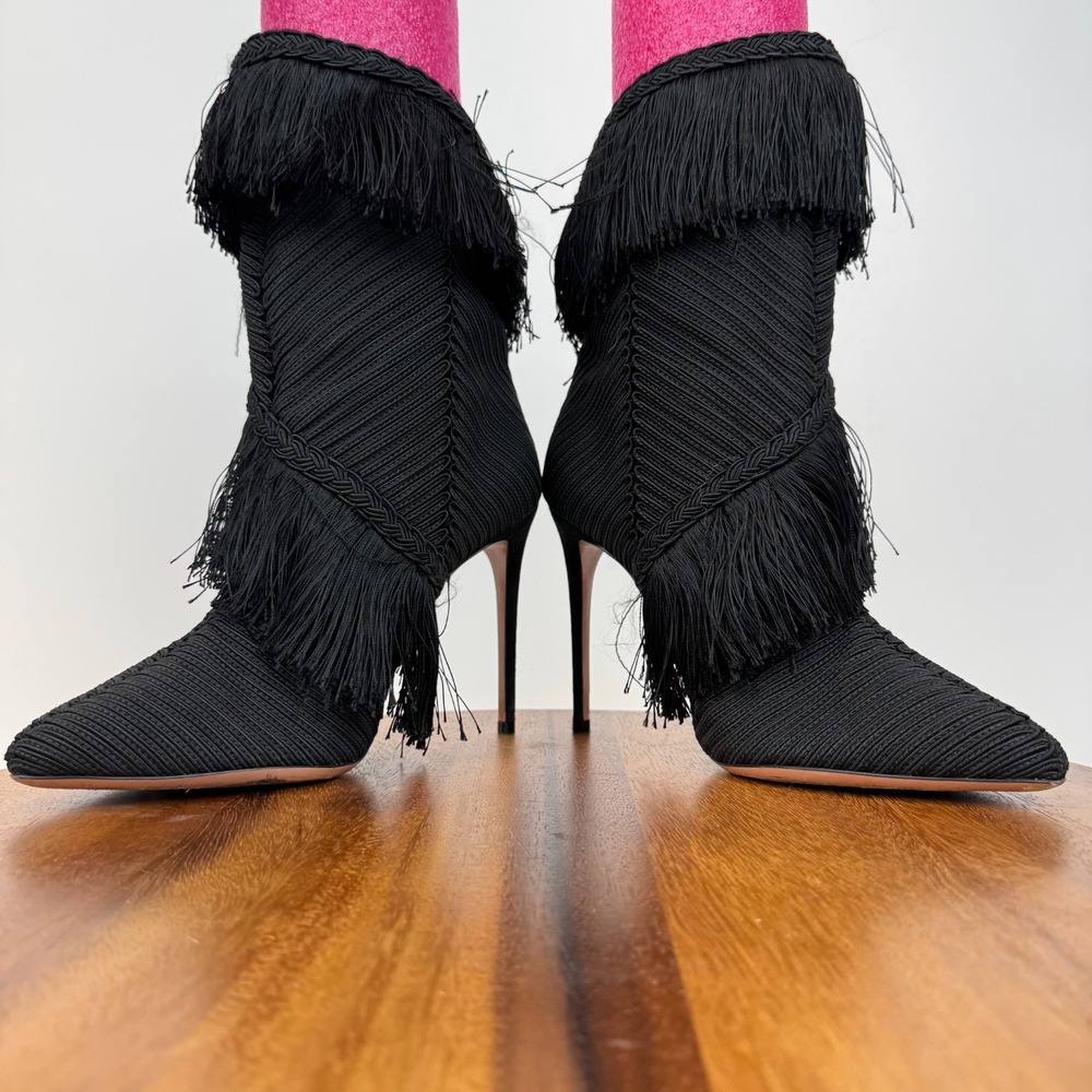 Womens Aquazzura Black Fringe Heeled Ankle Boots Booties Size 38.5 US 8.5 M GUC - Picture 4 of 7